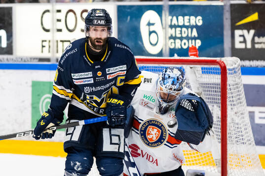 HV71s Taylor Matson och Växjös målvakt Emil Larmi