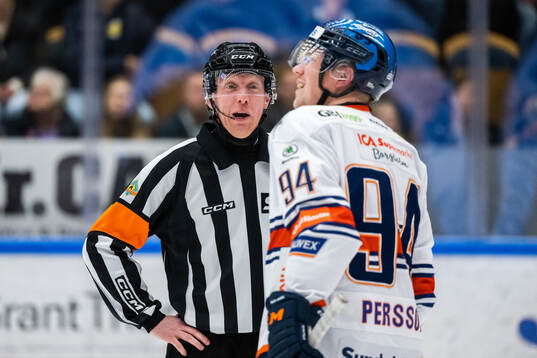 Domare Mikael Holm och Växjös Joel Persson