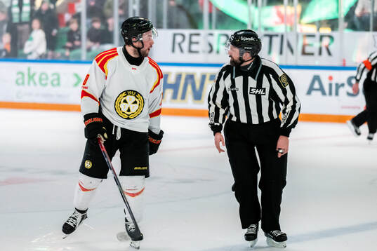 Brynäs Johan Larsson och domare Anders Jansson