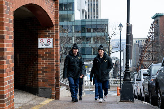 Jonathan Lekkerimäki and Noah Östlund of Sweden walk to