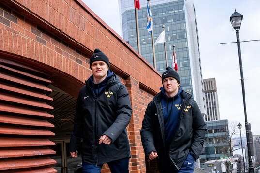 Elias Pettersson and goaltender Marcus Brännman  of Sweden