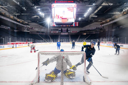 William Strömgren and goaltender Ian Blomquist of Sweden