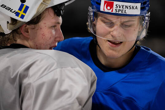 Goaltender Marcus Brännman and Milton Oscarson of Sweden