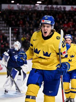 Leo Carlsson of Sweden celebrates his 1-1 goal