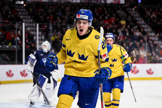 Leo Carlsson of Sweden celebrates his 1-1 goal