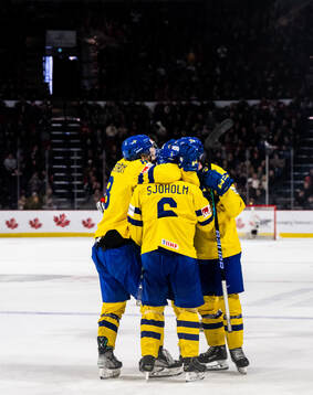 Players of Sweden celebrate the 2-3 goal by Victor