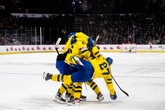 Players of Sweden celebrate the 2-3 goal by Victor