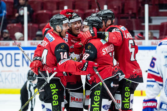 Malmö Redhawks Carl-Johan Lerby jublar med lagkamrater