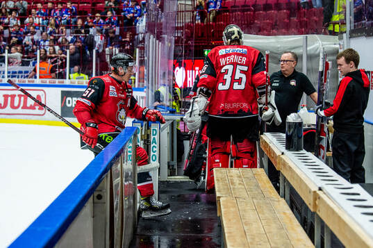 Malmö Redhawks Emil Sylvegård och målvakt Adam Werner