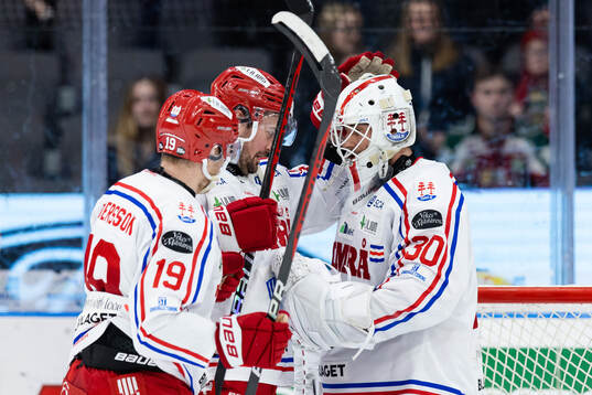 Timrås målvakt Jacob Johansson jublar med lagkamrater