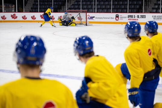 Goaltender Ian Blomquist of Sweden of Sweden