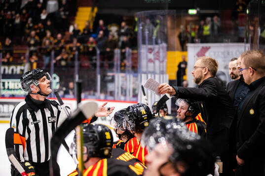 Domare Mikael Nord och Brynäs tränare Mikko Manner