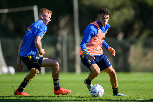 Hugo Larsson and Yasin Ayari of the Swedish men's football