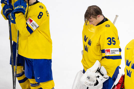 Goaltender Carl Lindbom of Sweden looks dejected