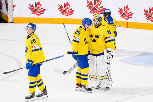Simon Robertsson , Victor Stjernborg and goaltender Carl