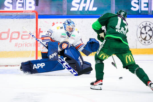 Växjös målvakt Emil Larmi och Färjestads Daniel Viksten