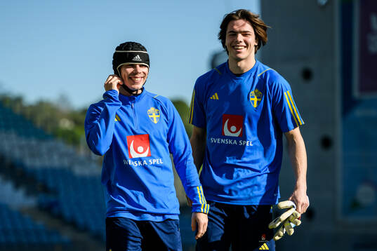 Elias Andersson and goalkeeper Jacob Widell Zetterström of