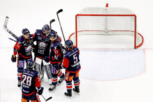 Linköpings spelare jublar med målvakt Marcus Högberg
