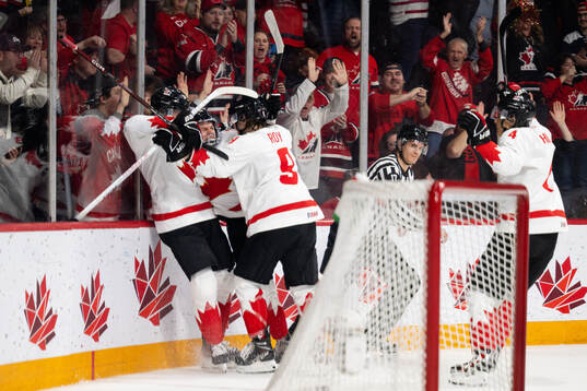 Connor Bedard of Canada celebrates the 2-1 goal