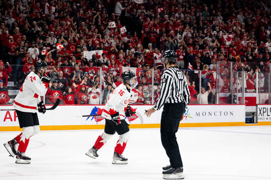 Connor Bedard of Canada celebrates the 2-1 goal