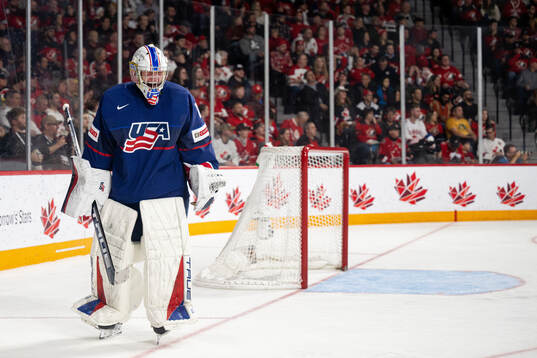 Goaltender Trey Augustine of USA celebrates the 2-0 goal