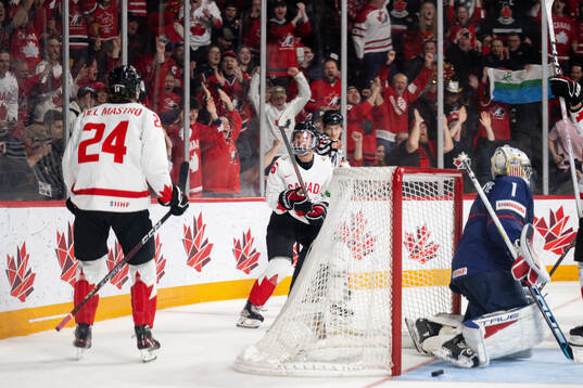 Connor Bedard of Canada celebrates the 2-1 goal