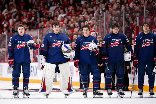 Players of USA look dejected afterthe 2023 IIHF World