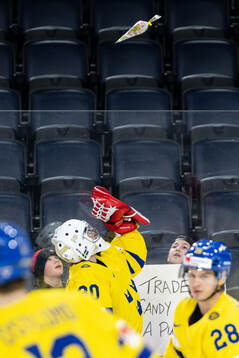 Goaltender Marcus Brännman of Sweden trades a puck for