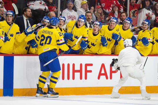 Liam Öhgren of Sweden celebrates the 5-5 goal