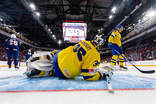 Goaltender Carl Lindbom and Victor Stjernborg of Sweden
