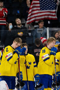 Elias Pettersson and Filip Bystedt of Sweden look dejected