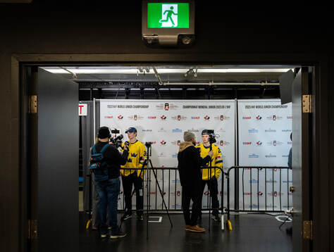 Goaltender Carl Lindbom and Victor Stjernborg of Sweden
