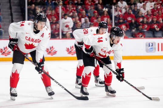 Ethan Del Mastro , Zack Ostapchuk and Zach Dean of Canada