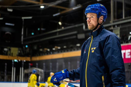 Goaltender coach Johan Ryman of Sweden at a practice session