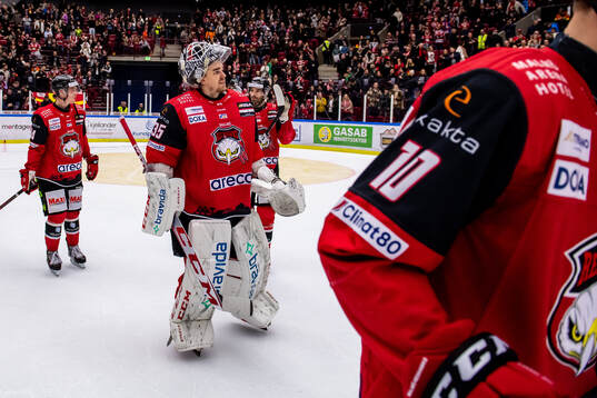 Malmö Redhawks målvakt Adam Werner jublar