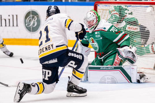 HV71s Mattias Tedenby oroar mot Rögles målvakt Calle Clang
