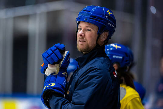 Goaltender coach Johan Ryman of Sweden at a practice session