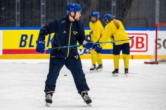 Goaltender coach Johan Ryman of Sweden at a practice session