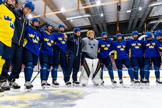 Players and head coach Andreas Karlsson of Sweden at a