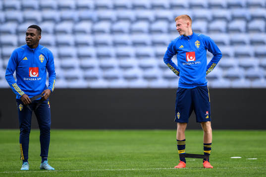 Joel Asoro and Hugo Larsson of the Swedish men's football