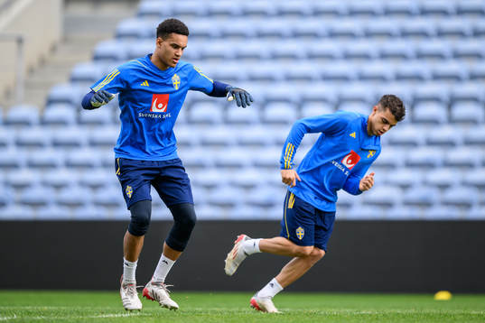 goalkeeper Oliver Dovin and Yasin Ayari of the Swedish