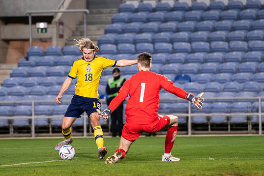 Sebastian Nanasi of Sweden and goalkeeper Fredrik Schram of