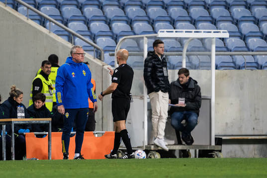 Head coach Janne Andersson of Sweden and Referee Luis