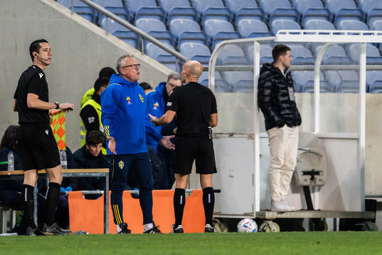 Head coach Janne Andersson of Sweden and Referee Luis