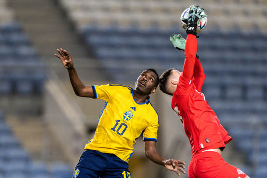 Joel Asoro of Sweden and goalkeeper Hakon Rafn Valdimarsson