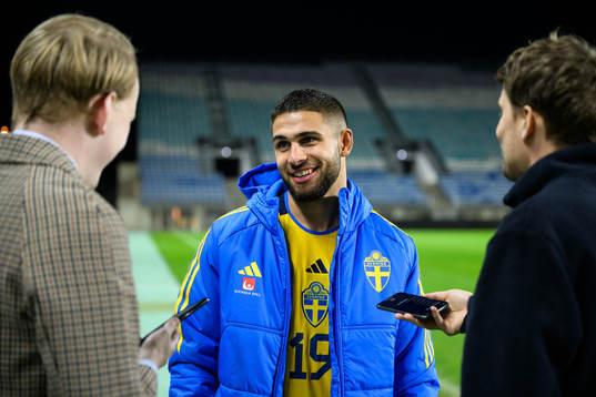 Omar Faraj of Sweden speaks to media