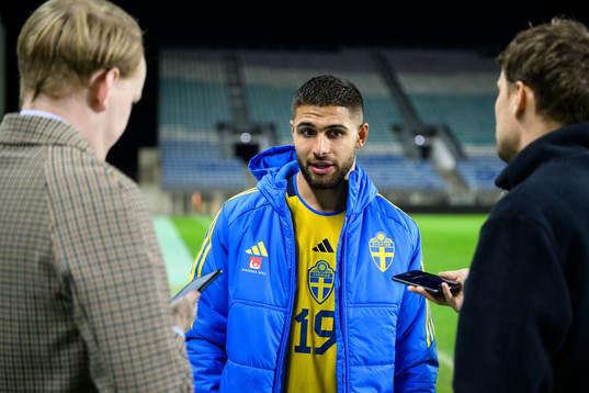 Omar Faraj of Sweden speaks to media