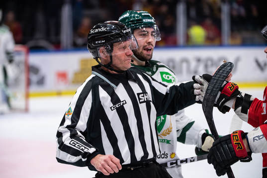 Linjedomare Jan Sandström får en knuff av Luleås Leo