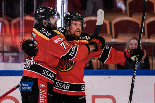 Luleås Linus Fröberg och Brendan Shinnimin jublar