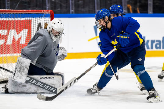 Goaltender Ida Henriksson and Tilde Utbult of Sweden at a